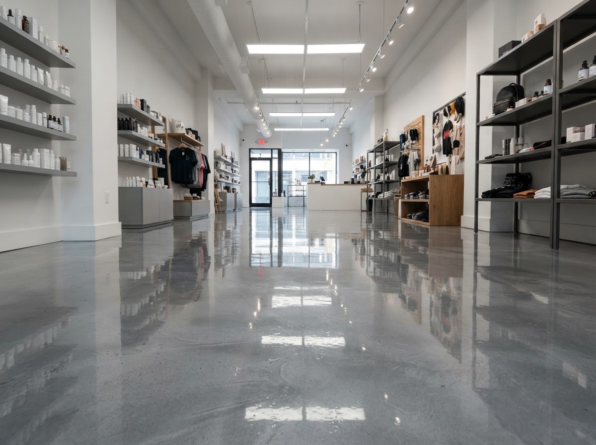 Commercial epoxy floor coating in a small retail store