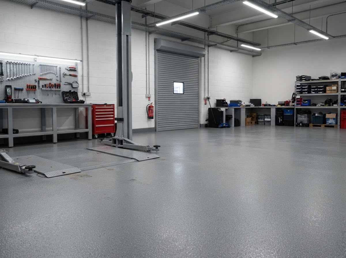 Commercial floor coating in a light service workshop