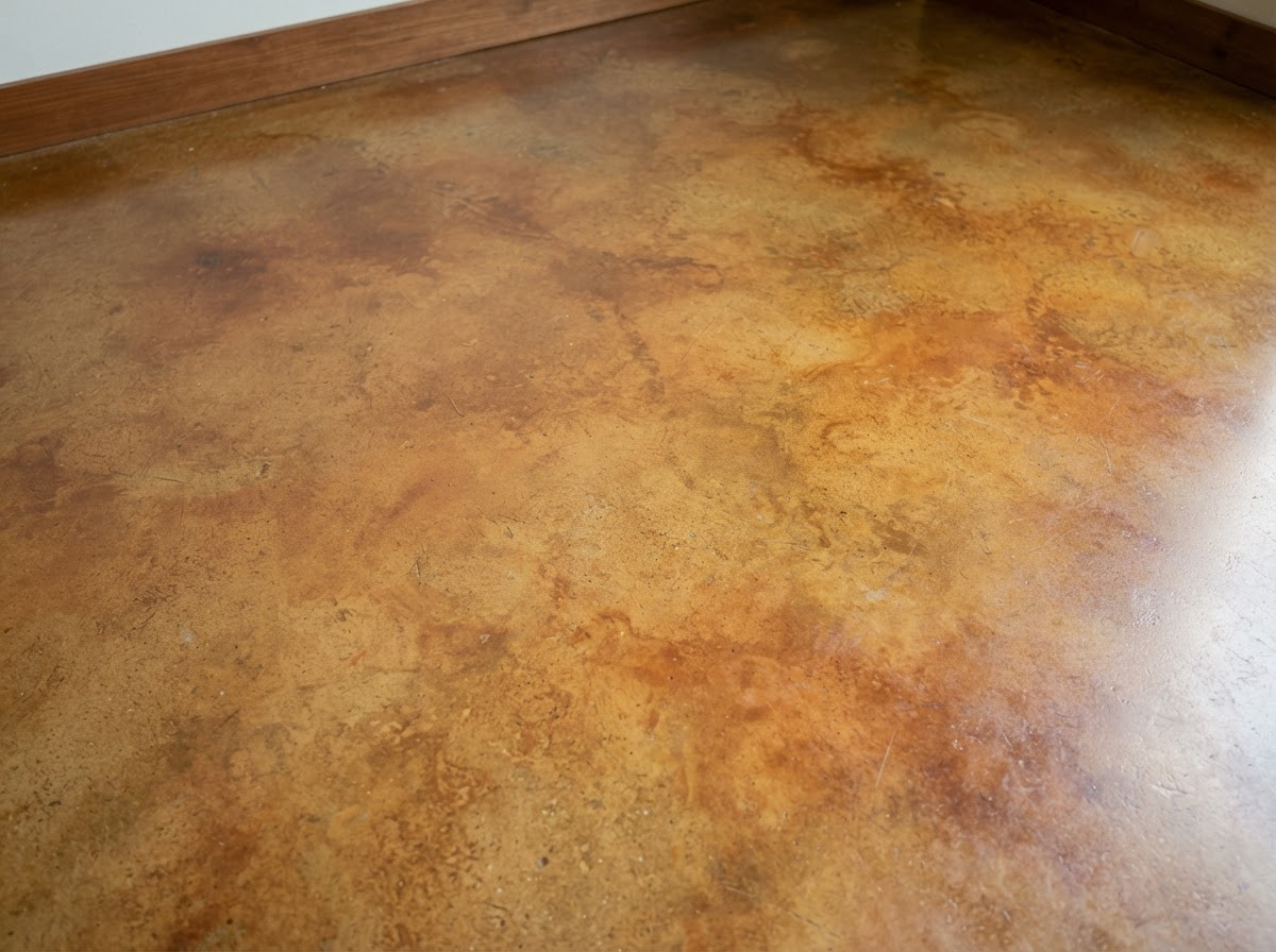 Stained and sealed concrete with warm amber tonal color variation and satin finish