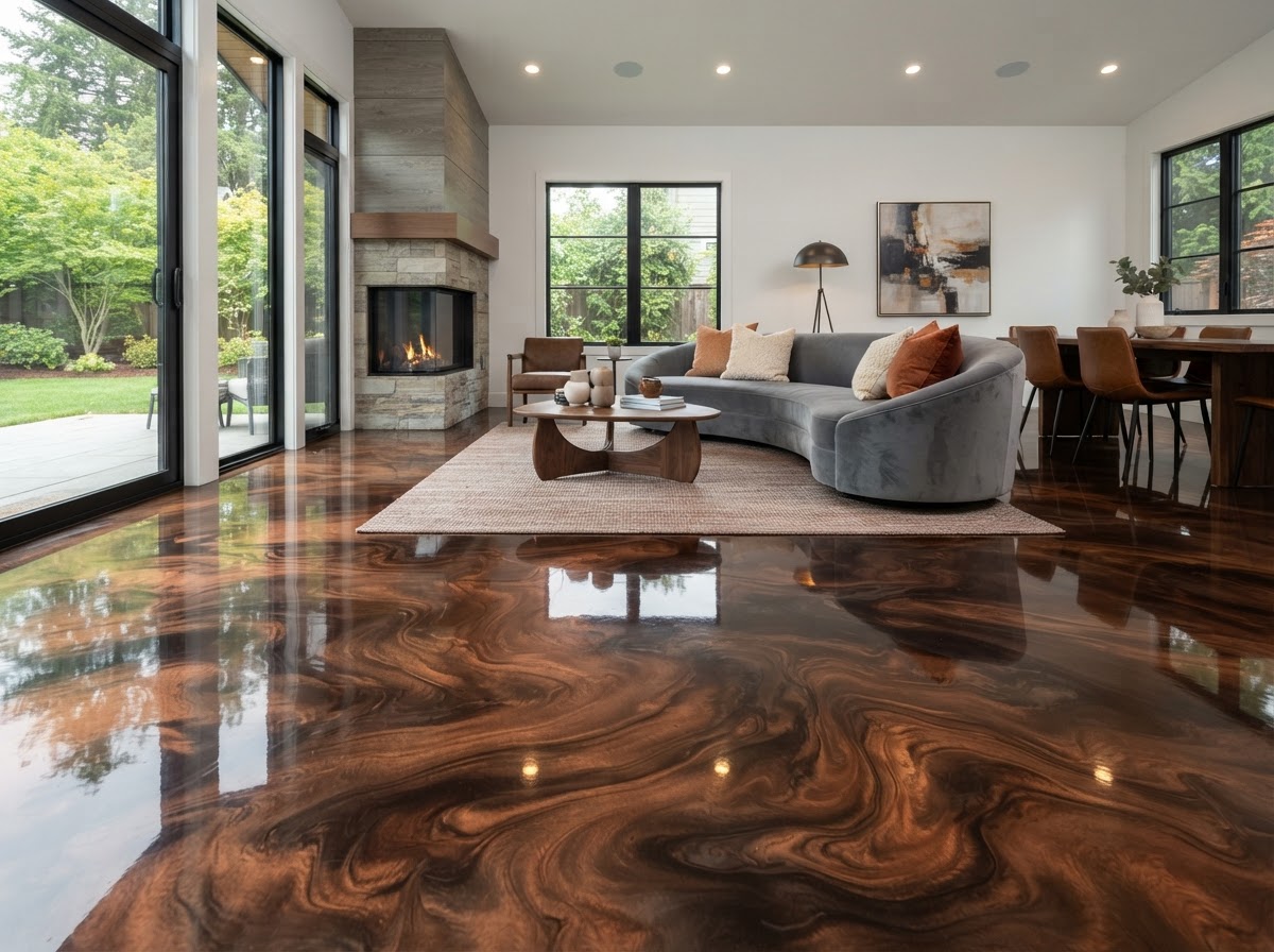 Metallic epoxy floor sample in deep bronze and copper