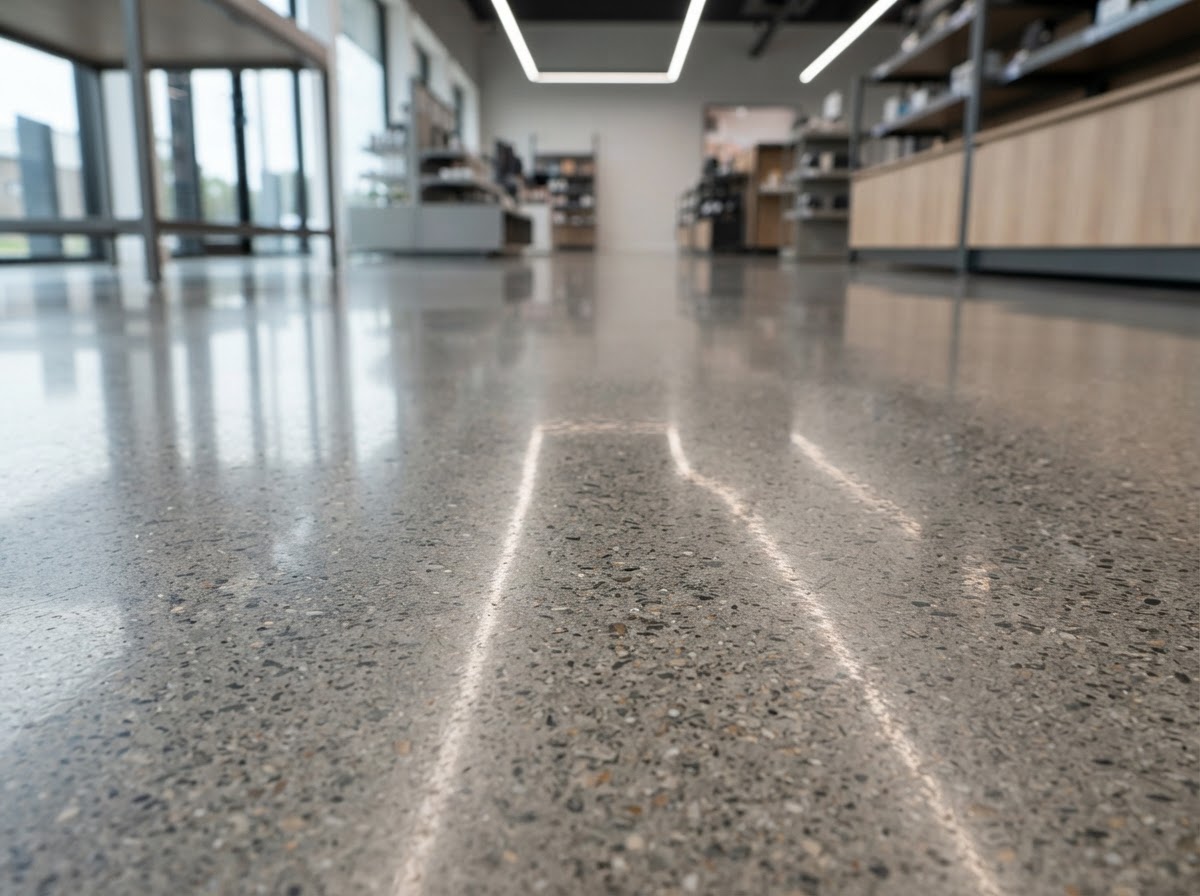 Polished concrete floor in a modern commercial retail space with a high-gloss finish