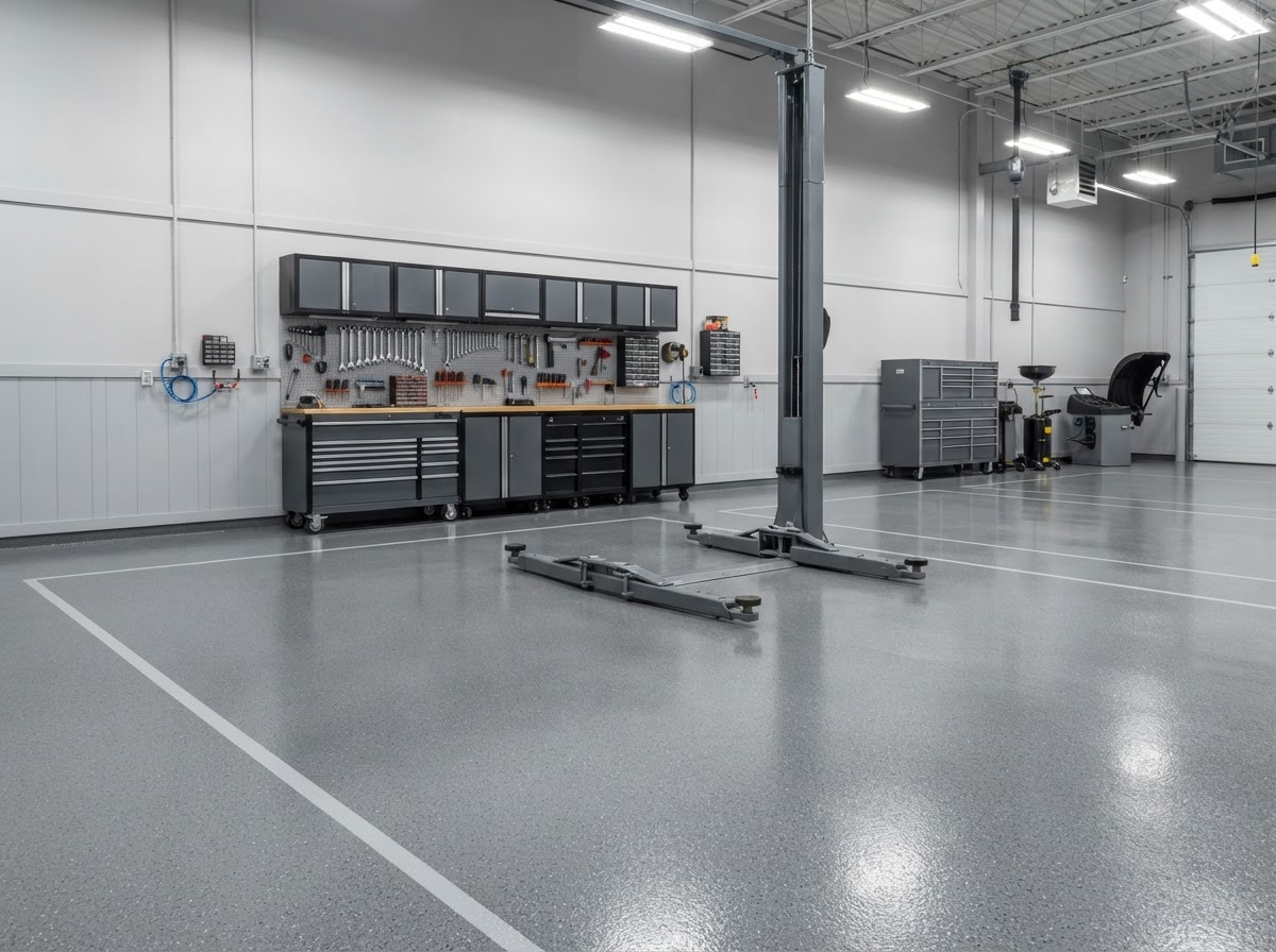 Chemical-resistant seamless floor in a clean light grey industrial finish