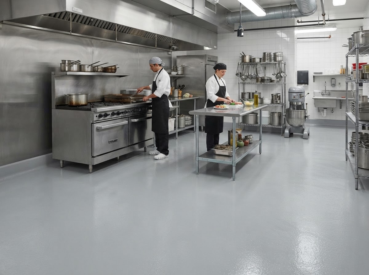 Seamless chemical-resistant epoxy floor with coving in a commercial kitchen