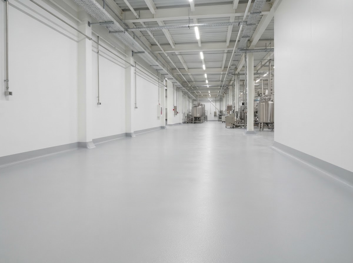 Automotive service bay floor with a durable medium grey epoxy coating