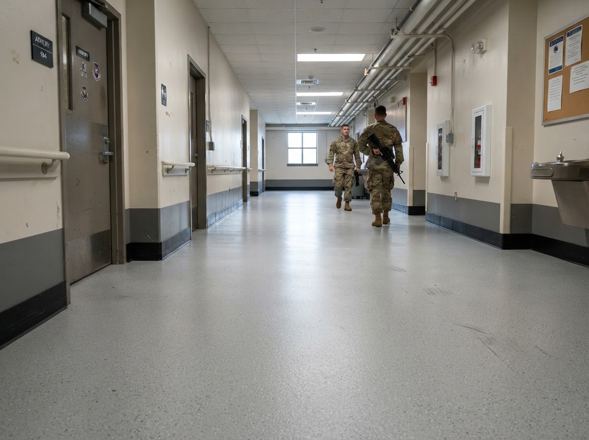Seamless institutional floor in a military training facility interior