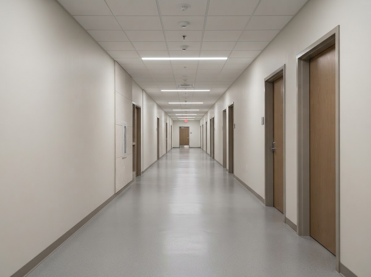 Institutional corridor with a durable light grey seamless flooring system