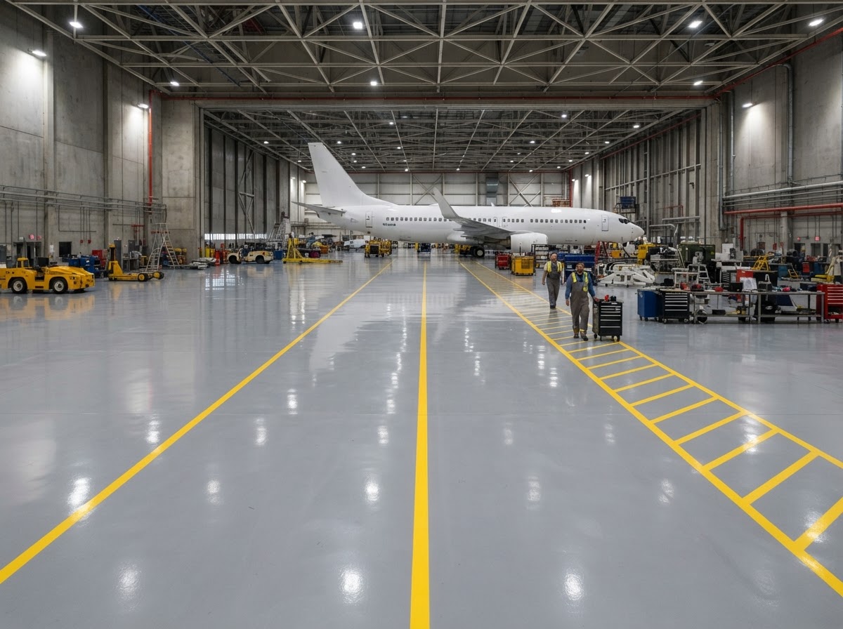 Wide hangar floor with grey epoxy coating and yellow safety line markings