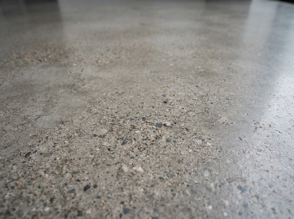 Mechanically ground and sealed concrete with natural aggregate visible beneath a clear sealer