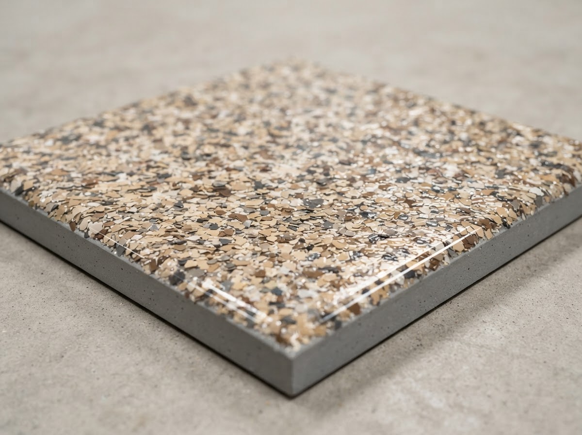 Epoxy flake floor sample in tan, brown and grey decorative vinyl chips