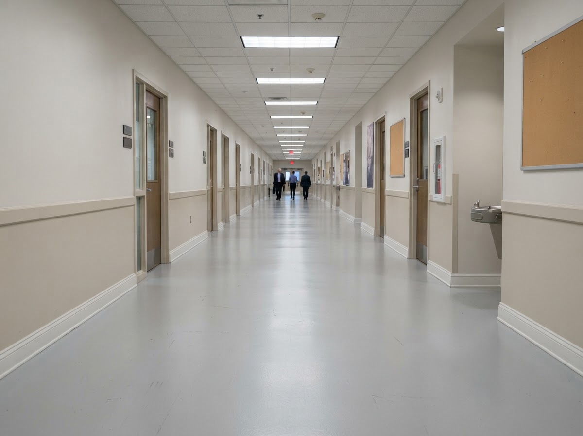 Durable light grey seamless institutional flooring in a federal facility corridor