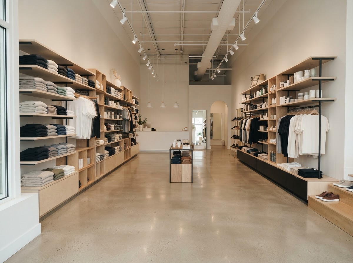 Retail store interior with a polished concrete floor in warm light grey