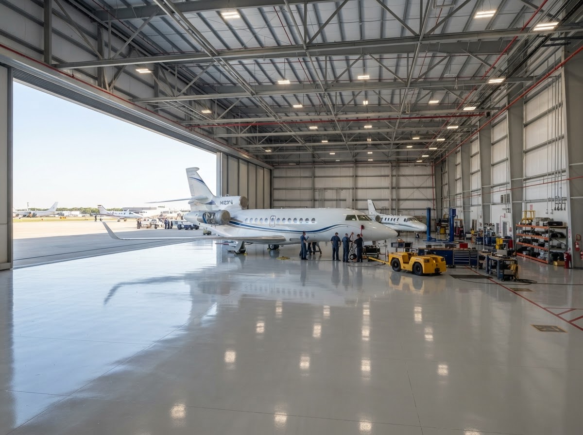 Aircraft hangar interior with a seamless light grey high-performance floor coating