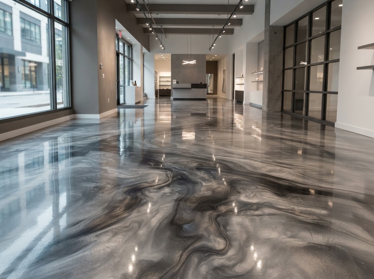 Metallic epoxy floor sample in silver and charcoal grey