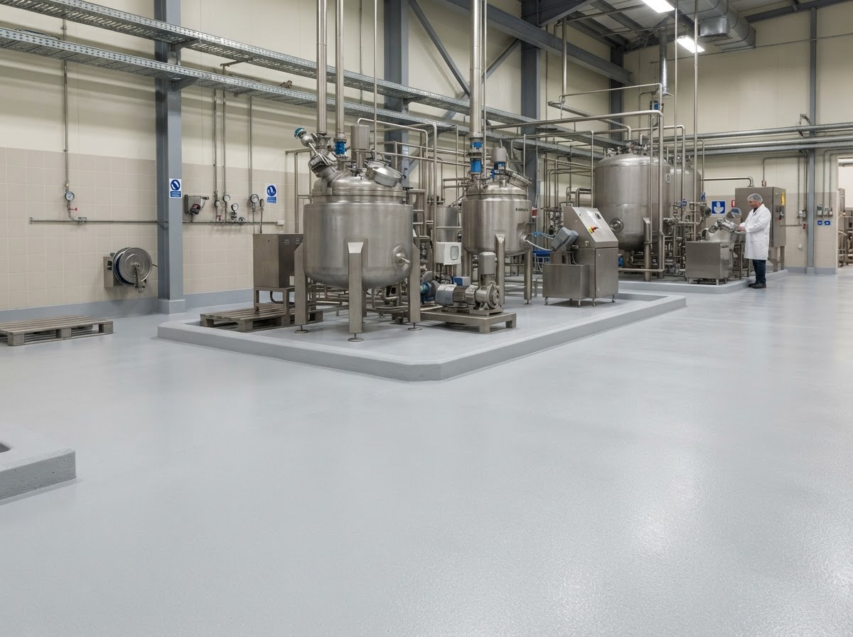 Chemical-resistant seamless resin floor in a manufacturing facility
