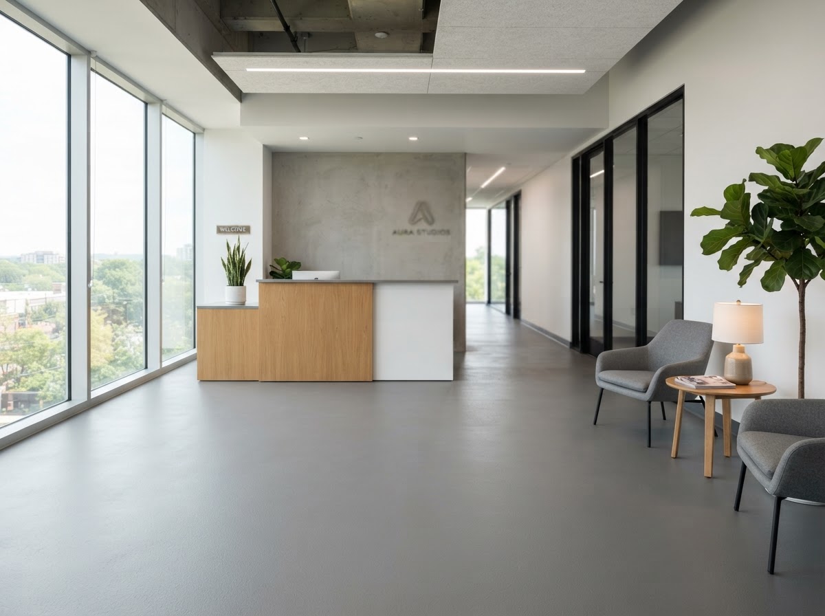 Commercial floor coating in a small office reception area