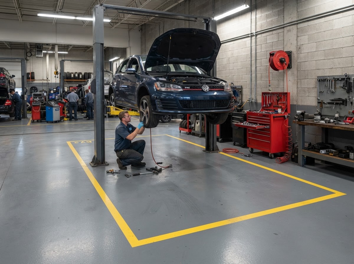 Automotive service bay floor with grey epoxy coating, vehicle on a lift and marked work bays