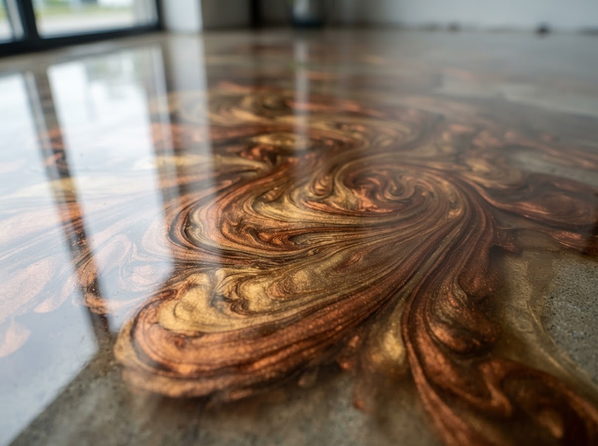 Close-up of metallic epoxy floor texture in bronze gold and copper