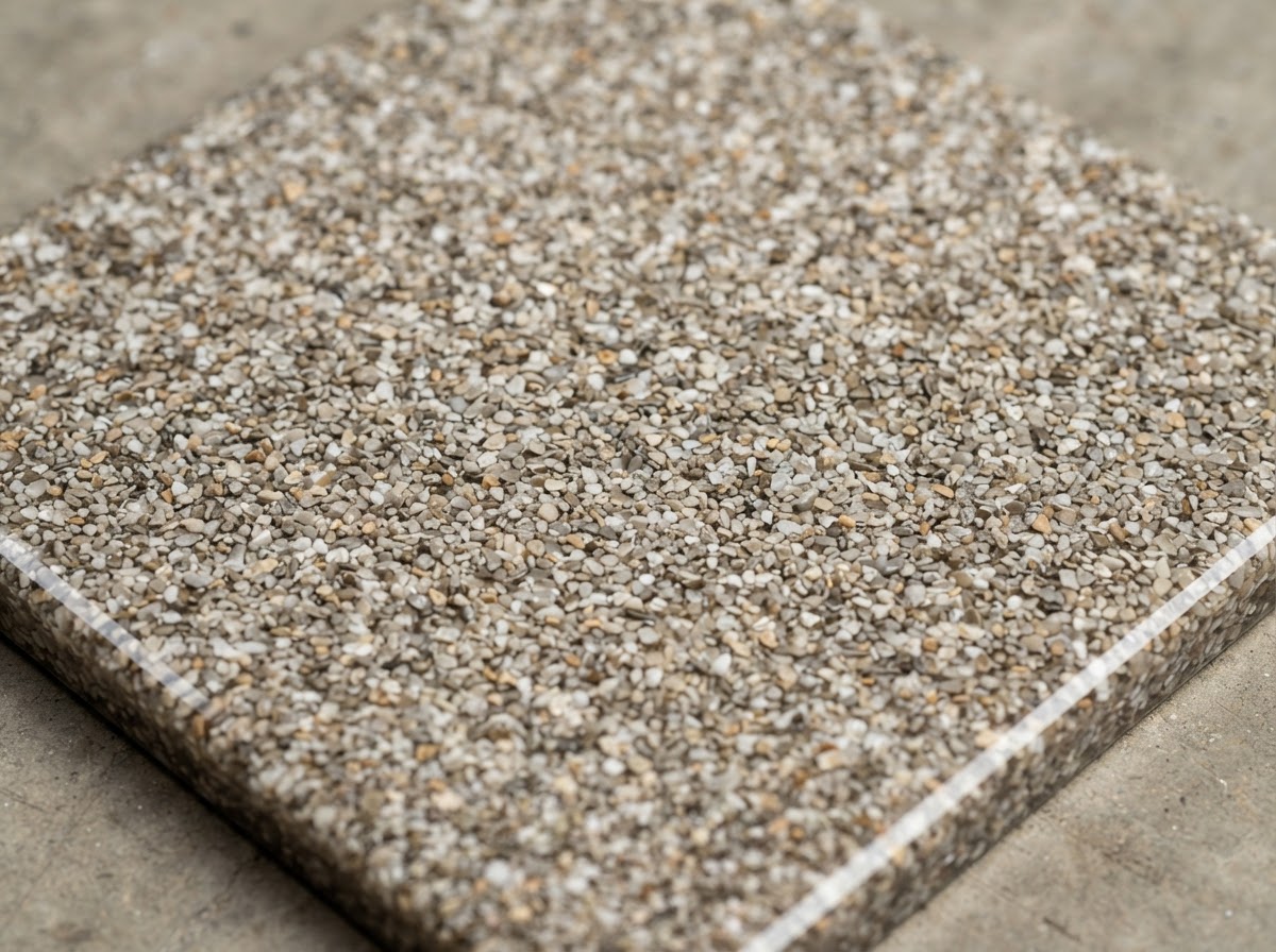 Quartz aggregate epoxy floor sample in warm grey, beige and white granules