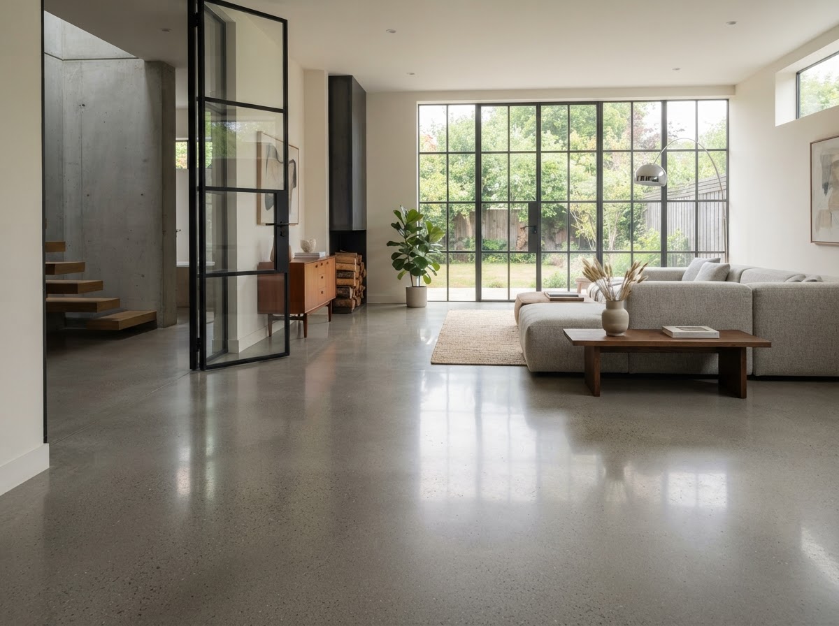 Polished concrete floor sample in a modern retail interior