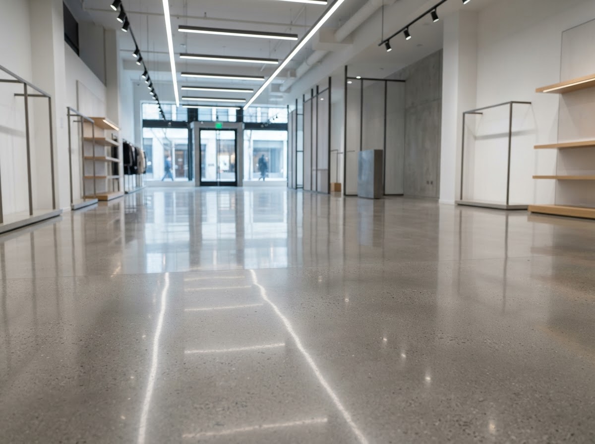 Polished concrete floor sample in a modern commercial retail space