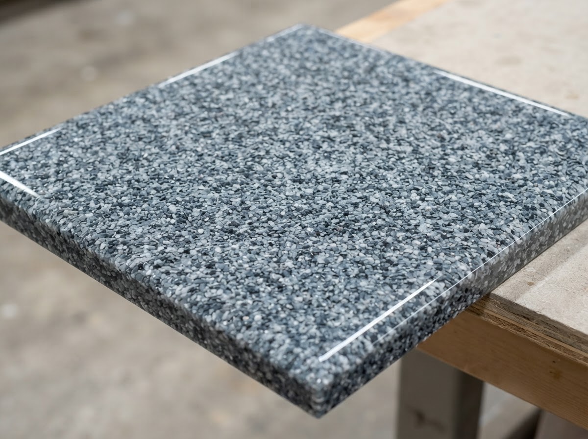 Quartz aggregate epoxy floor sample in cool grey and blue granules