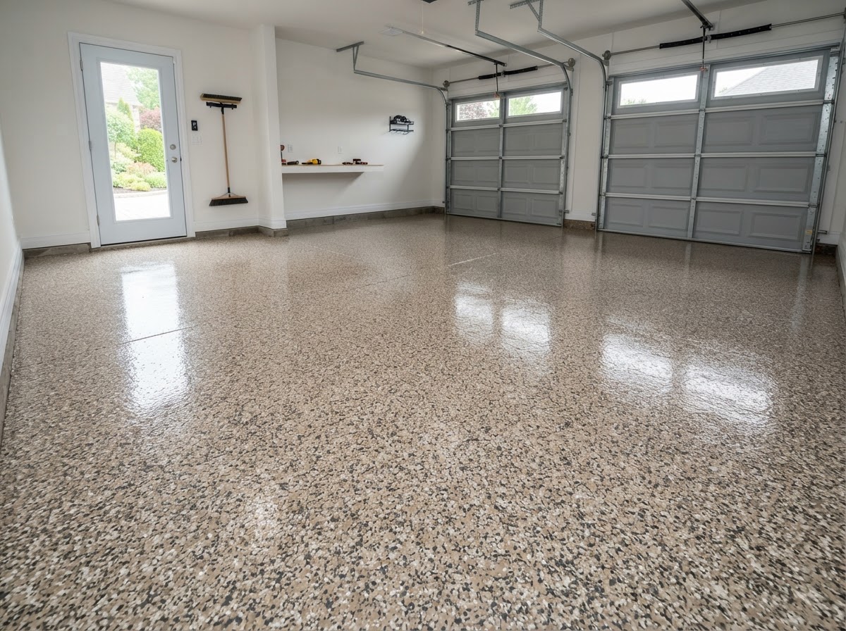 Epoxy flake floor sample in tan and grey decorative flakes