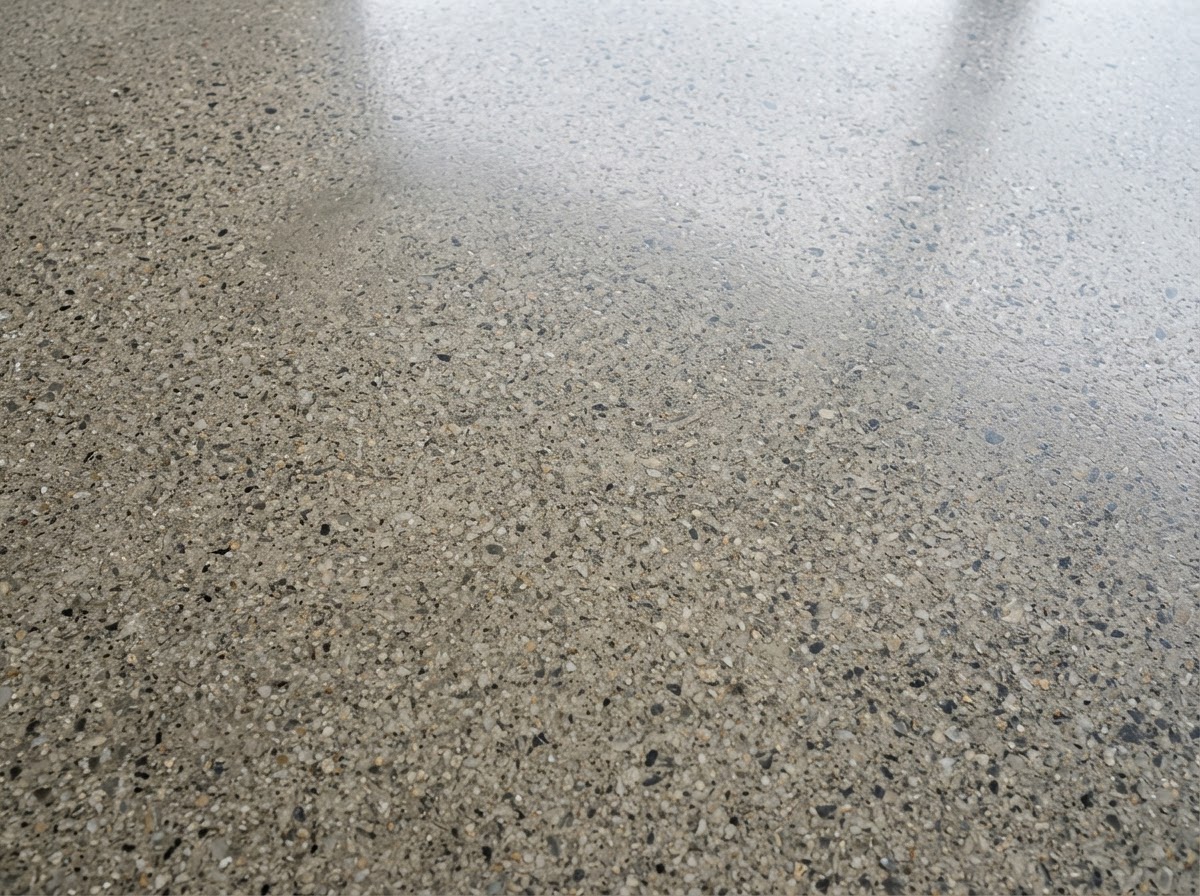Close-up of polished concrete with exposed aggregate and a smooth reflective finish