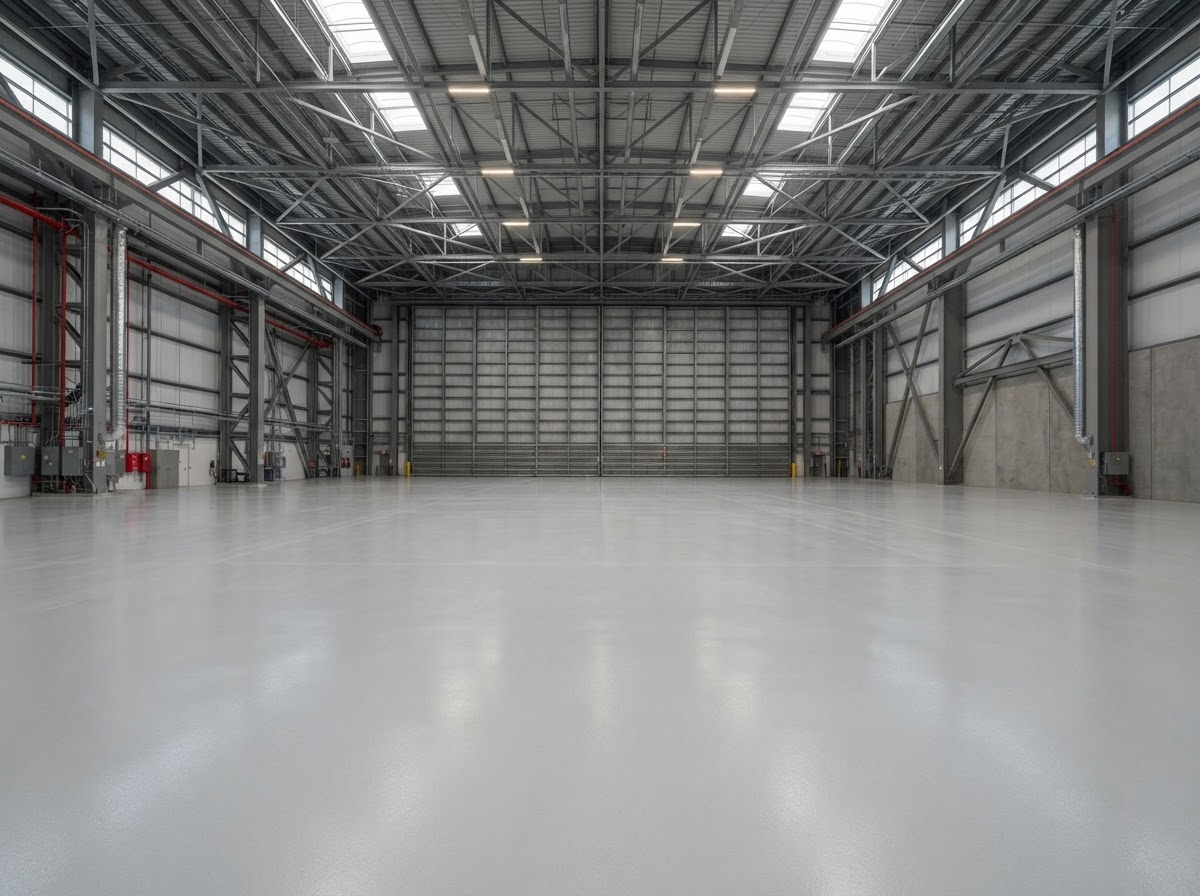 High-performance seamless floor coating in a light grey finish for hangar traffic