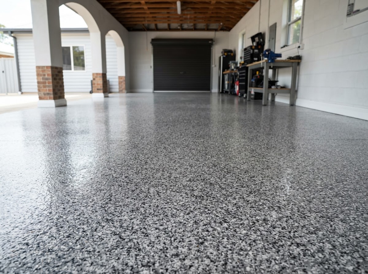Epoxy flake floor sample in grey and white decorative chip blend