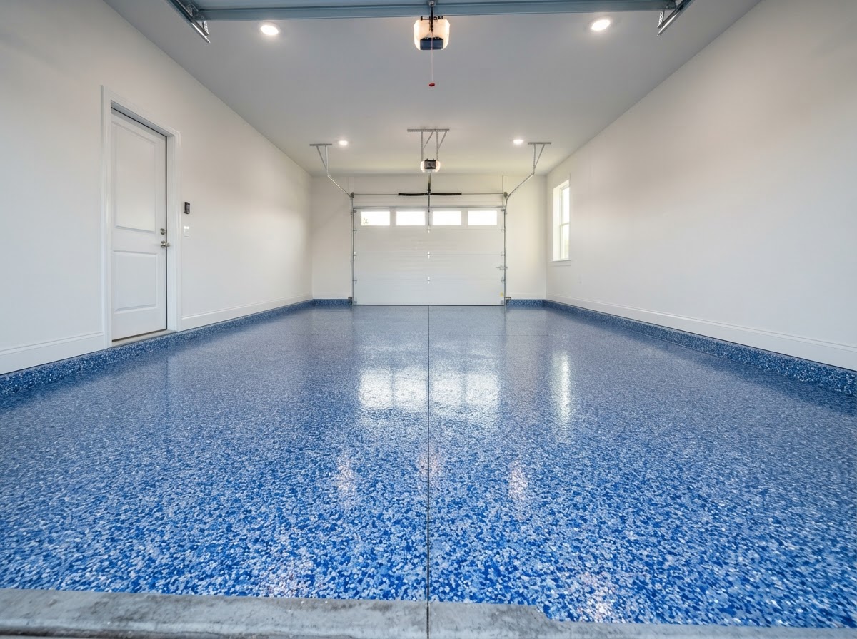 Epoxy flake floor sample in blue and silver decorative flakes