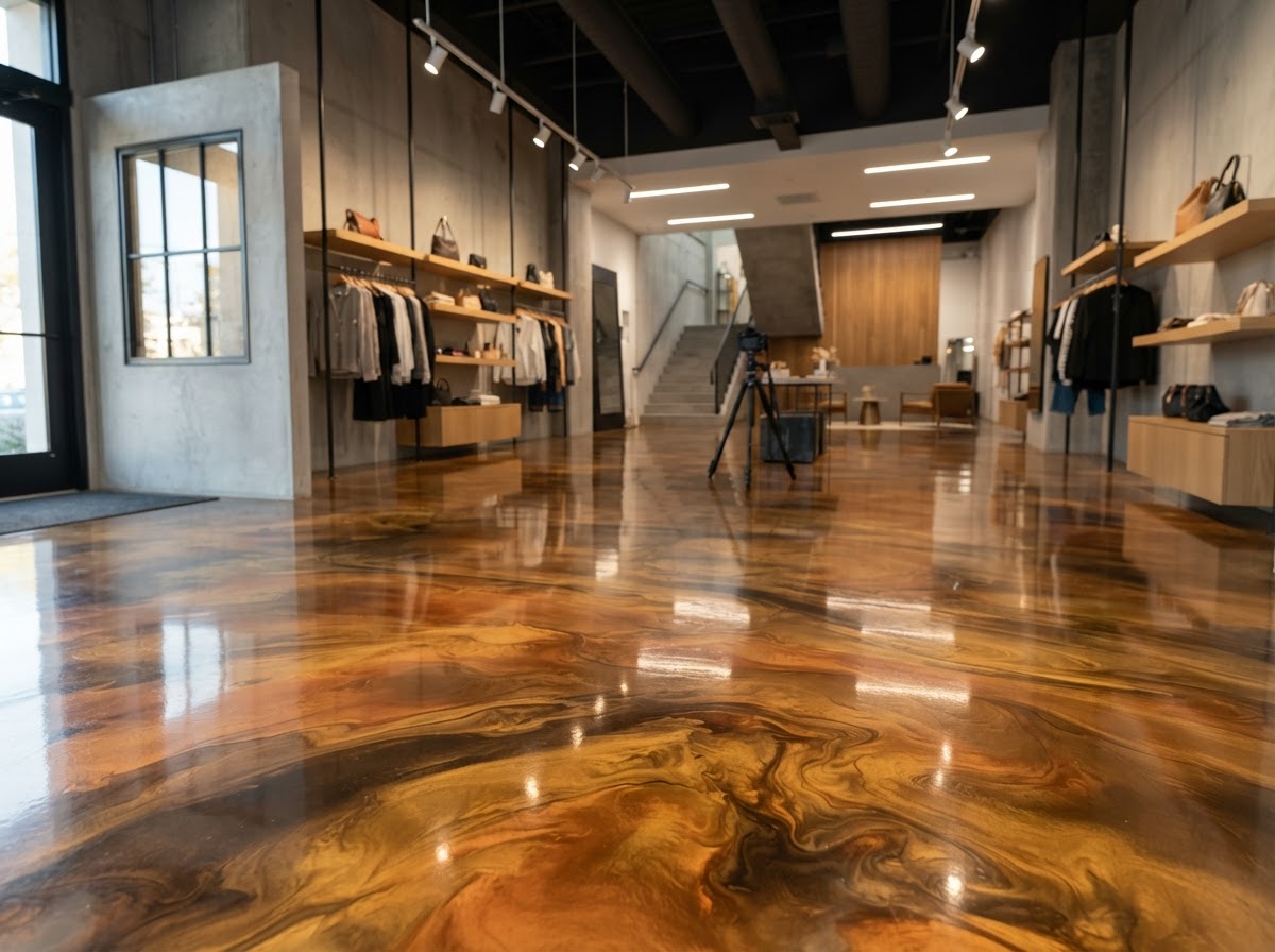 Metallic epoxy floor sample in warm amber and brown metallic pigment