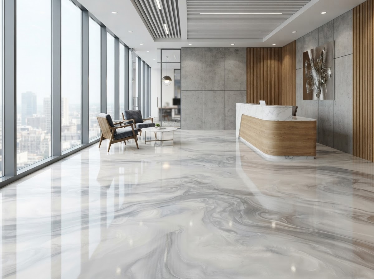 Metallic epoxy floor sample in pearl white and soft grey