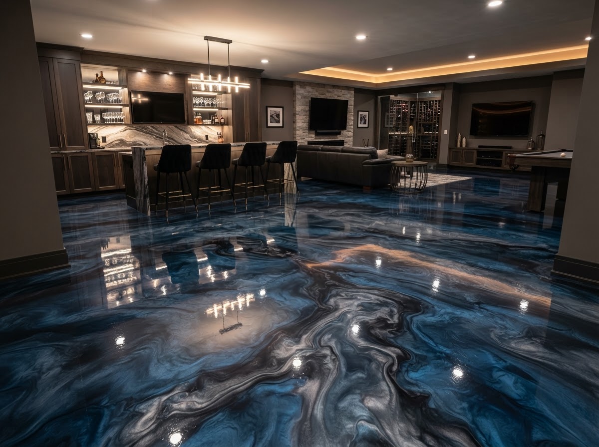 Metallic epoxy floor sample in deep blue and black metallic pigment