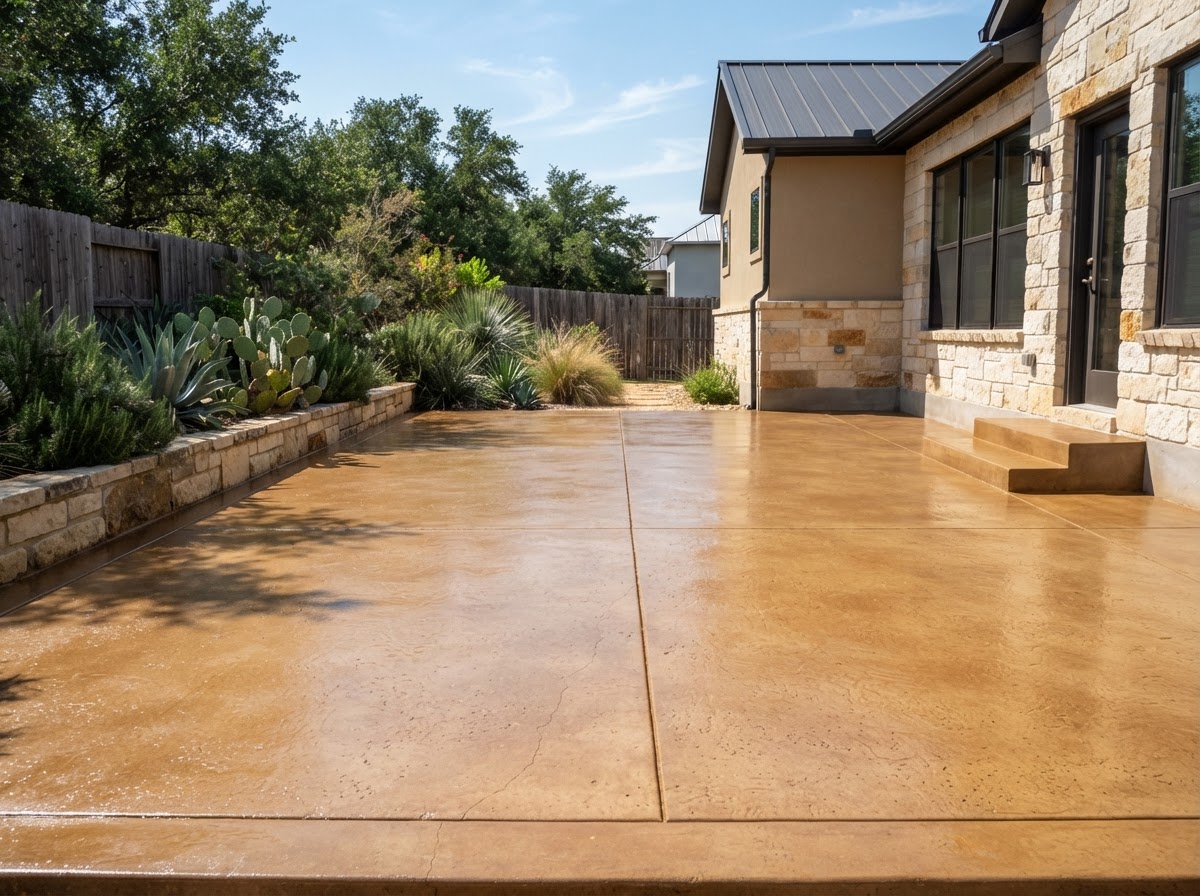 Sealed concrete patio with a satin sealer finish