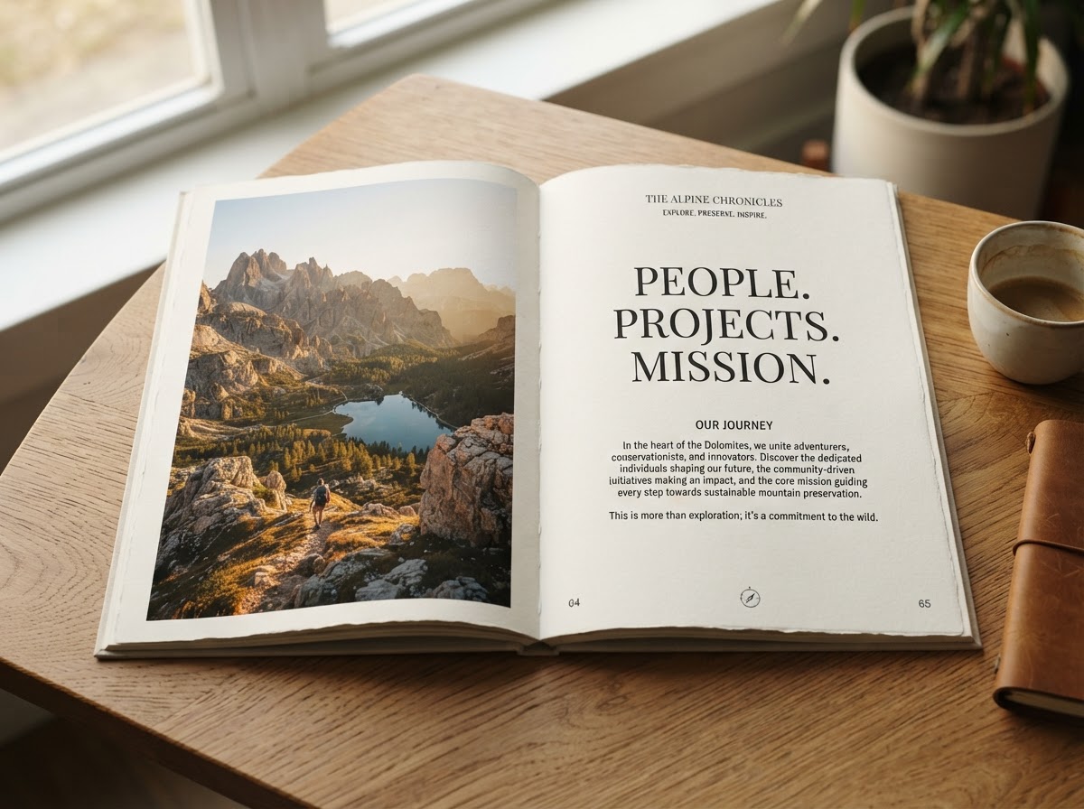 Open editorial report and visual storytelling booklet with photography