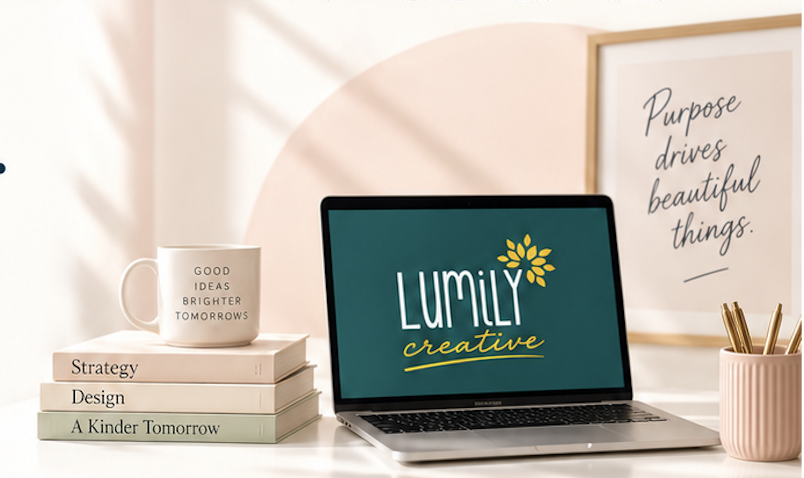 Lumily Creative workspace scene with books, mug, laptop, framed art, and pens