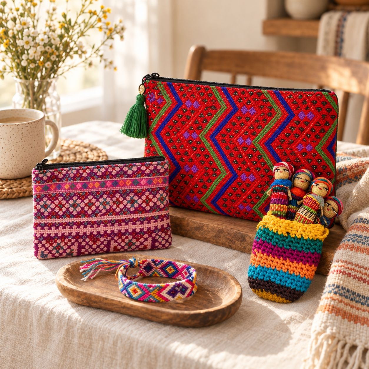 Lumily handmade fair trade artisan woven clutches, worry dolls pouch, and woven bracelet on tabletop