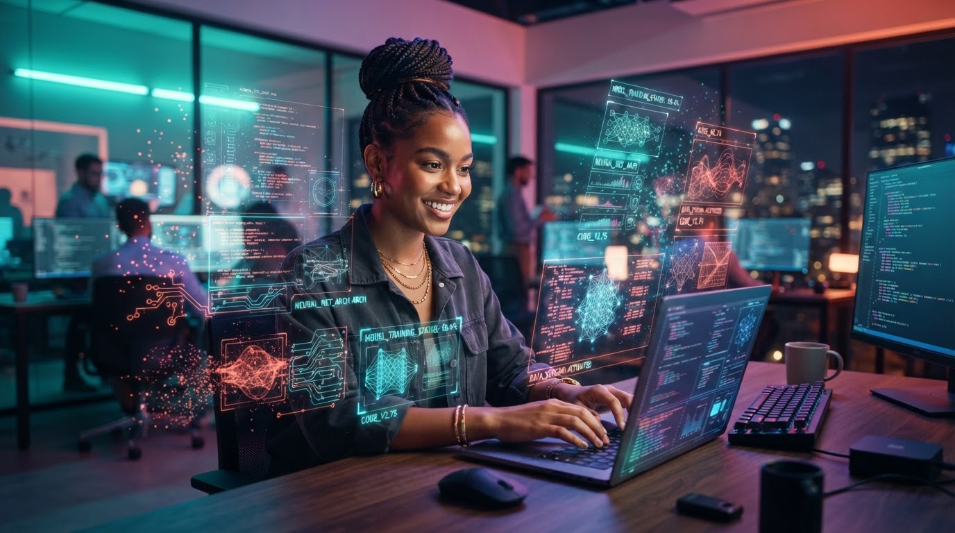 A young woman confidently exploring technology and AI projects
