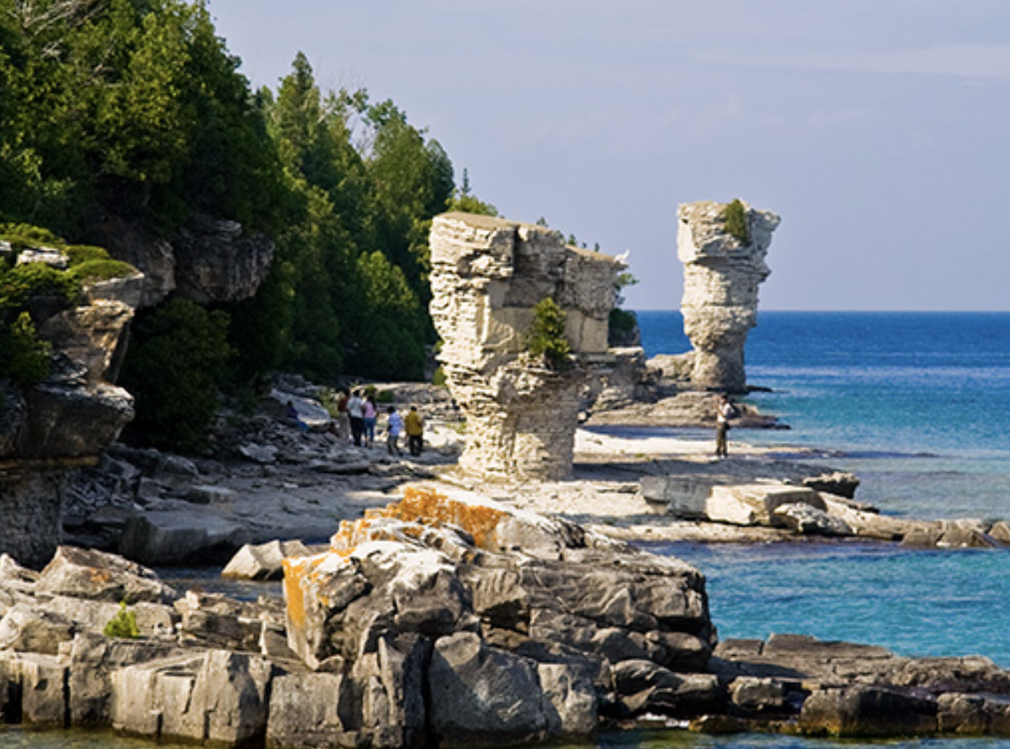 Iconic Flowerpot Island limestone sea stack formations rising along Georgian Bay
