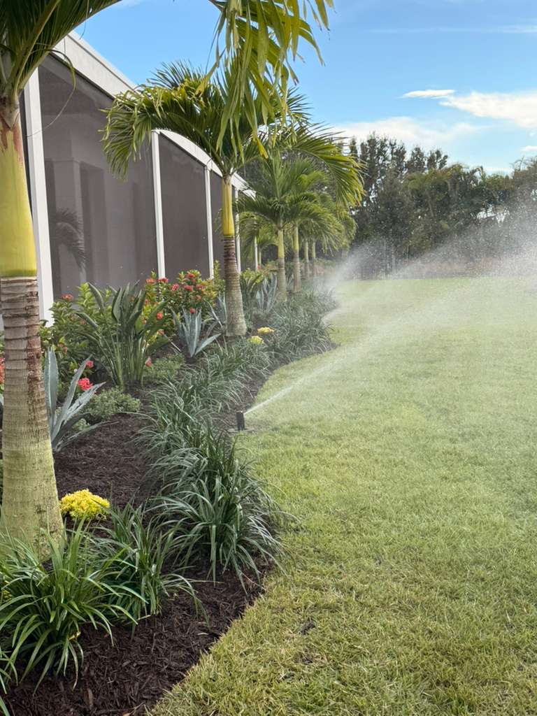 active sprinkler rotor spraying over dark mulch tropical palm garden bed along pool cage