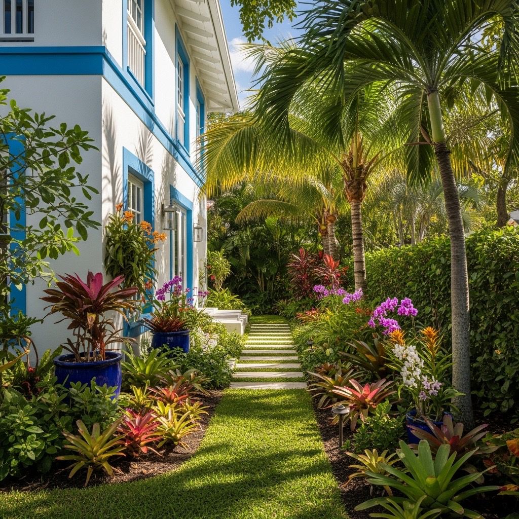 lush tropical estate stepping stone garden path lined with vibrant bromeliads and palms