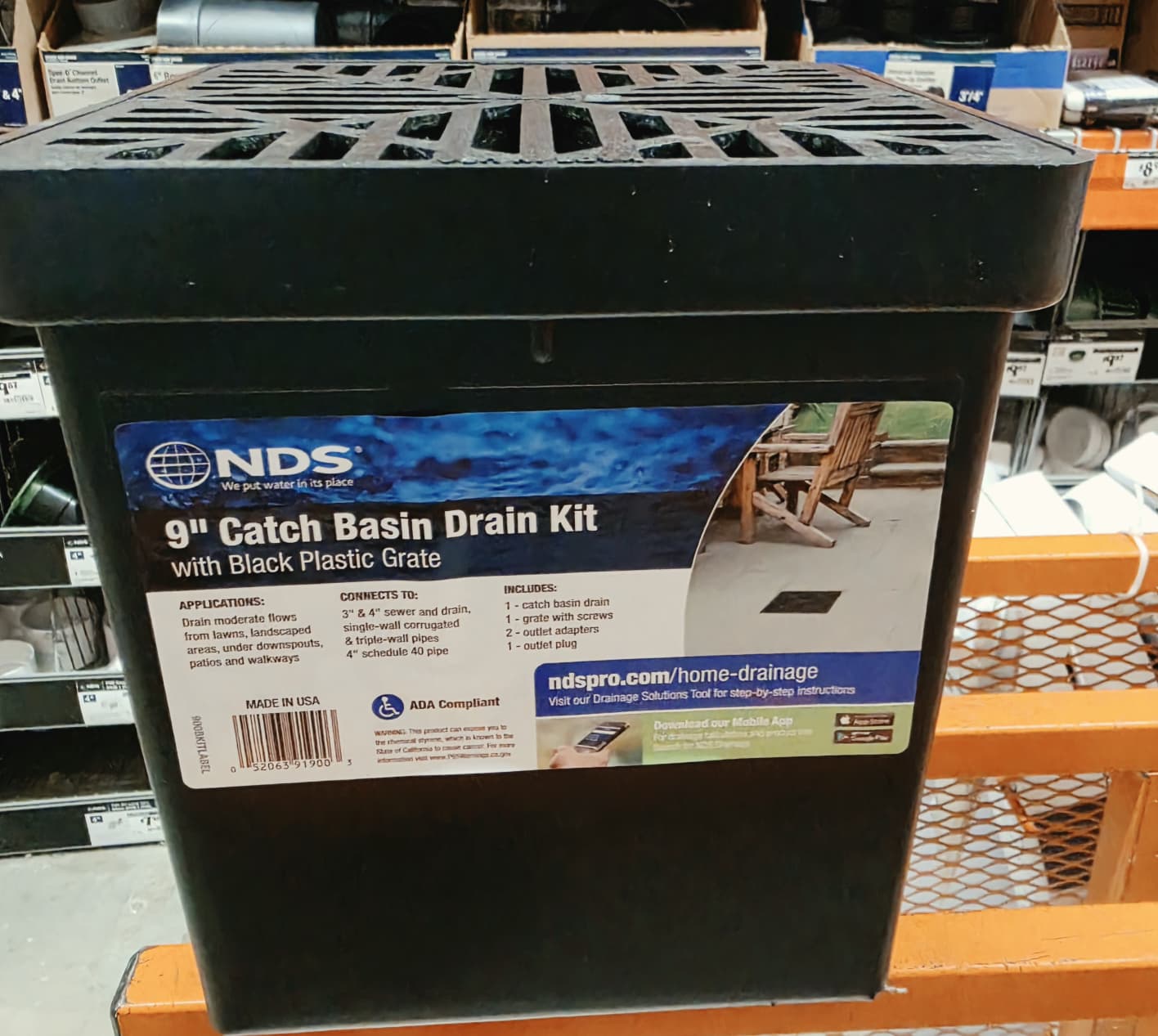 NDS 9 inch catch basin drain kit with black plastic grate for yard surface water drainage