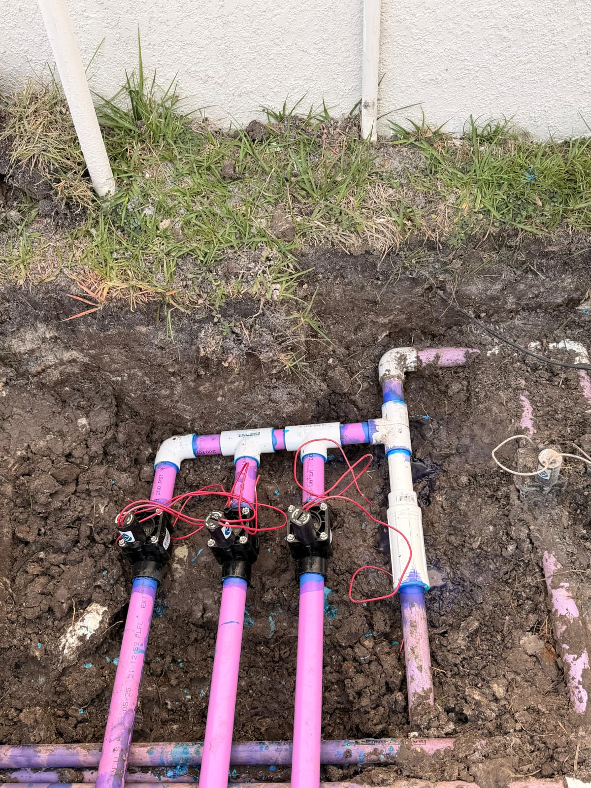 three-valve reclaimed water solenoid manifold and purple PVC piping installed by Aenlle Home Service LLC