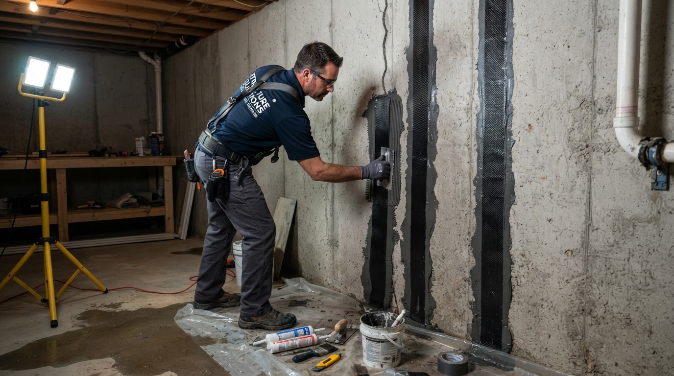 Carbon fiber straps bonded to the interior of a basement foundation wall to reinforce against inward movement in Waldorf Maryland
