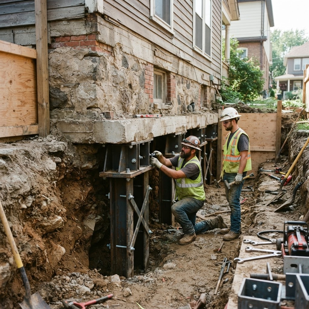 Steel pier underpinning support system installed beneath an existing residential foundation footing in Waldorf Maryland