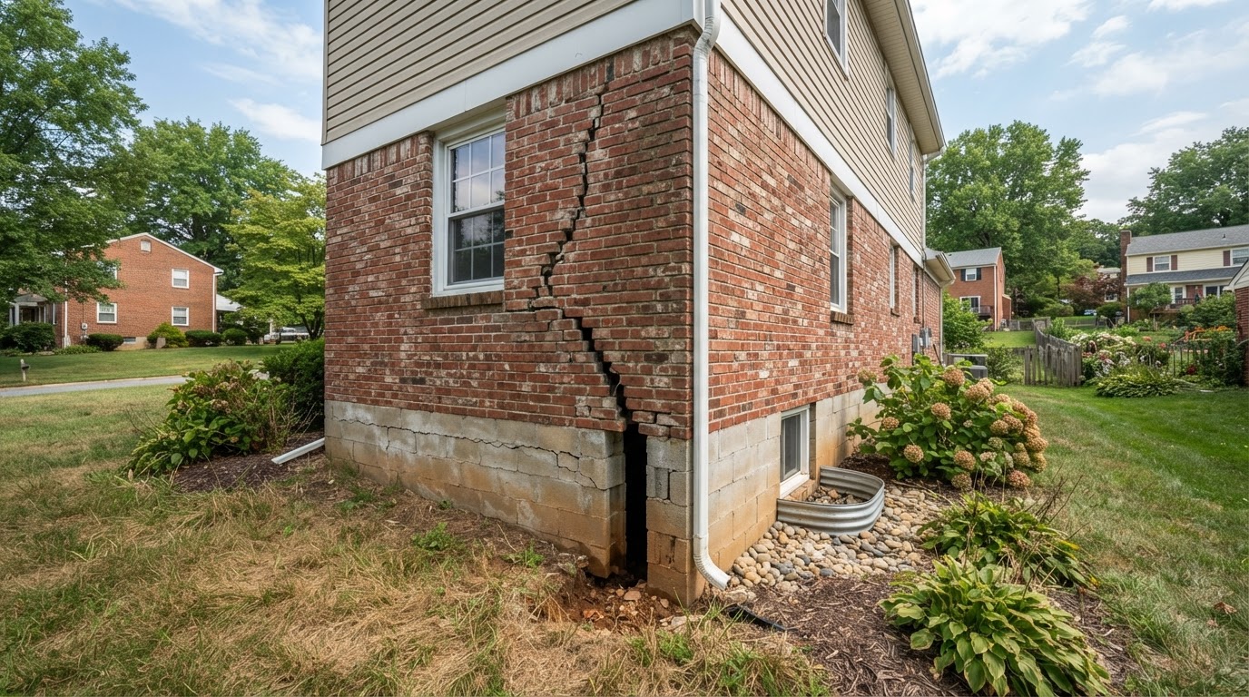 Settling foundation with visible separation gap before repair in Brandywine, Maryland