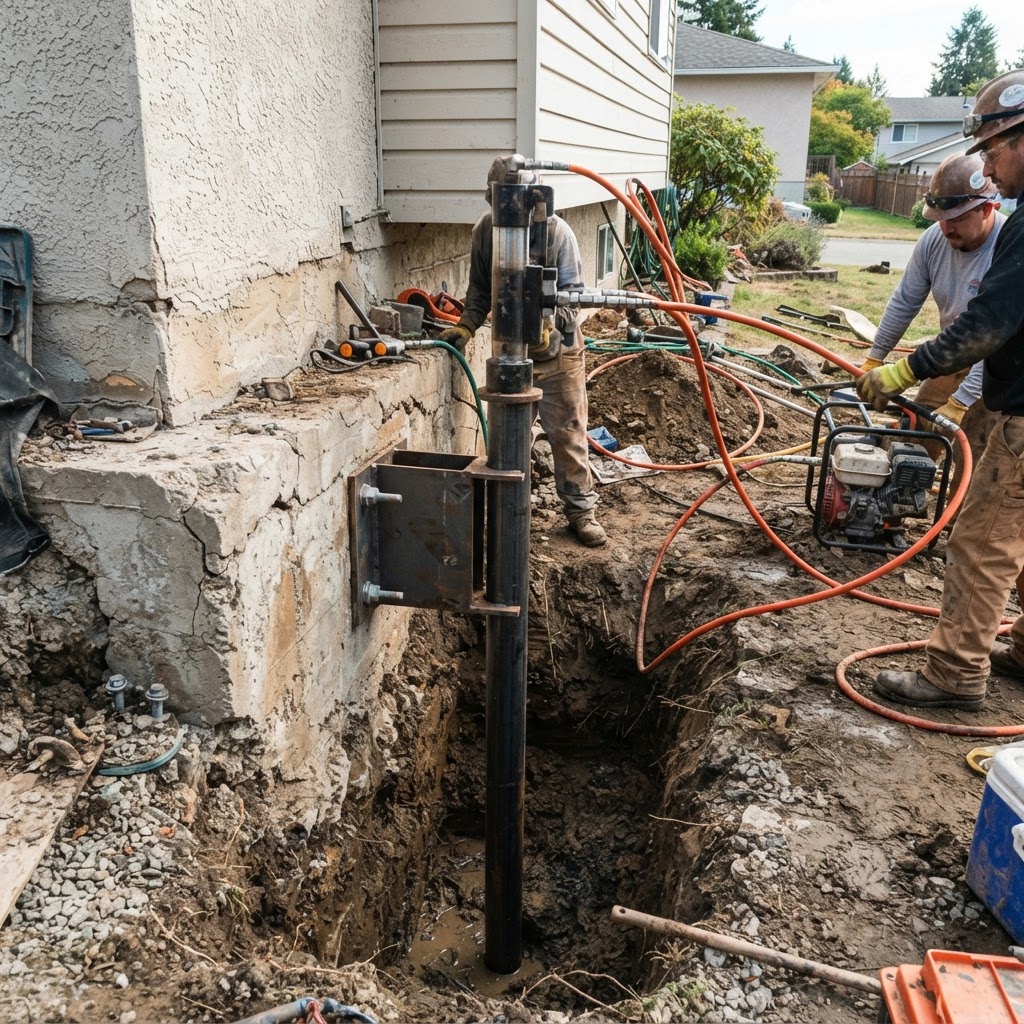 Hydraulic push pier with steel sections and foundation bracket installed adjacent to a residential footing in Waldorf Maryland