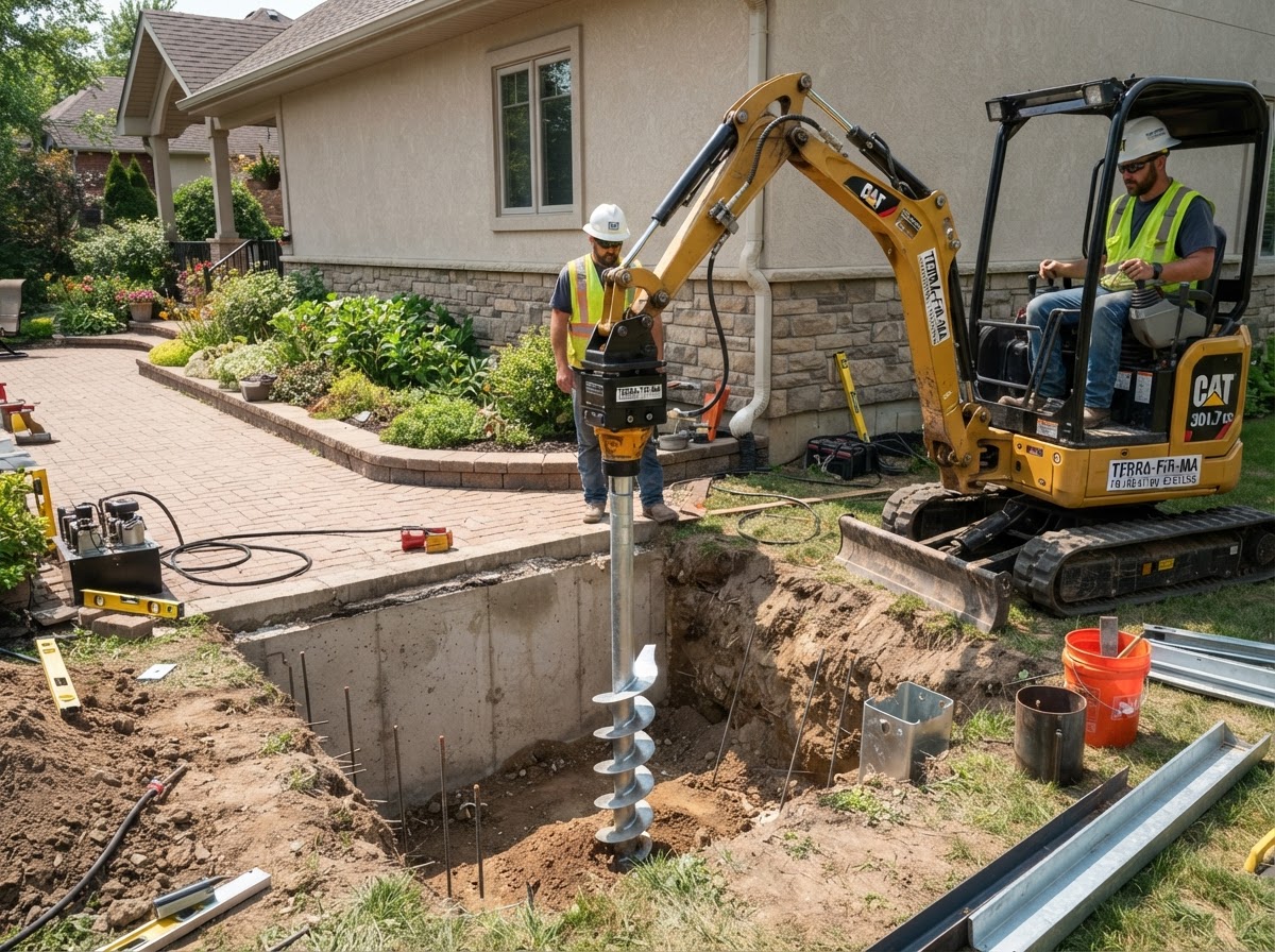 Helical pier installation in Waldorf, Maryland