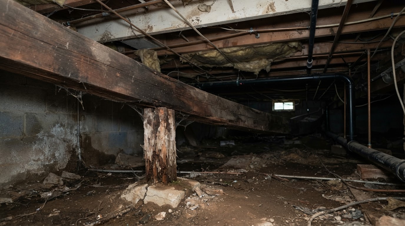 Crawl space with sagging beam before structural repair in Brandywine, Maryland