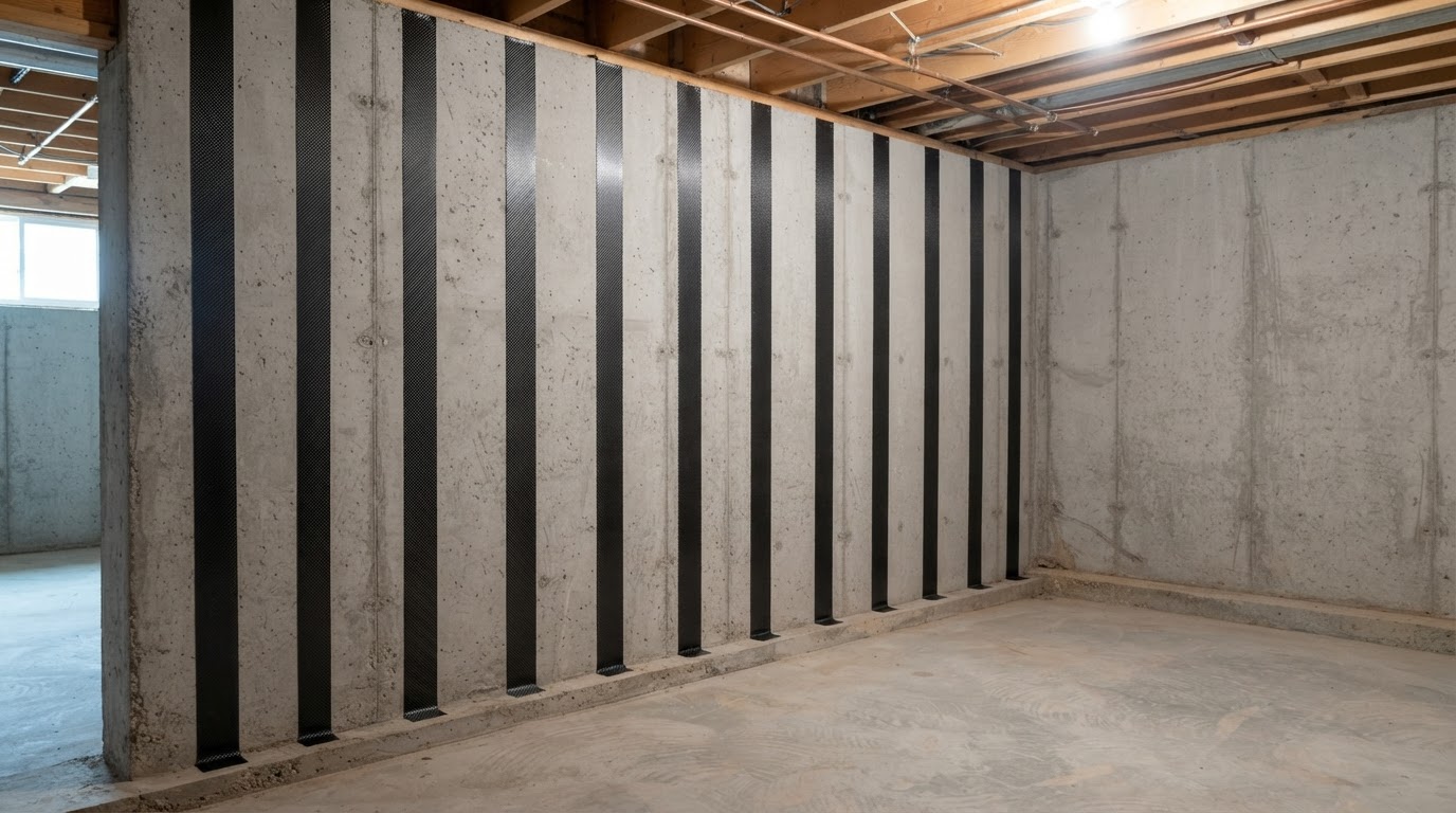 Basement wall after carbon fiber strap stabilization near Brandywine, Maryland